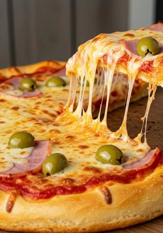 Fatia de pizza de pizzaria sendo puxada, queijo esticando